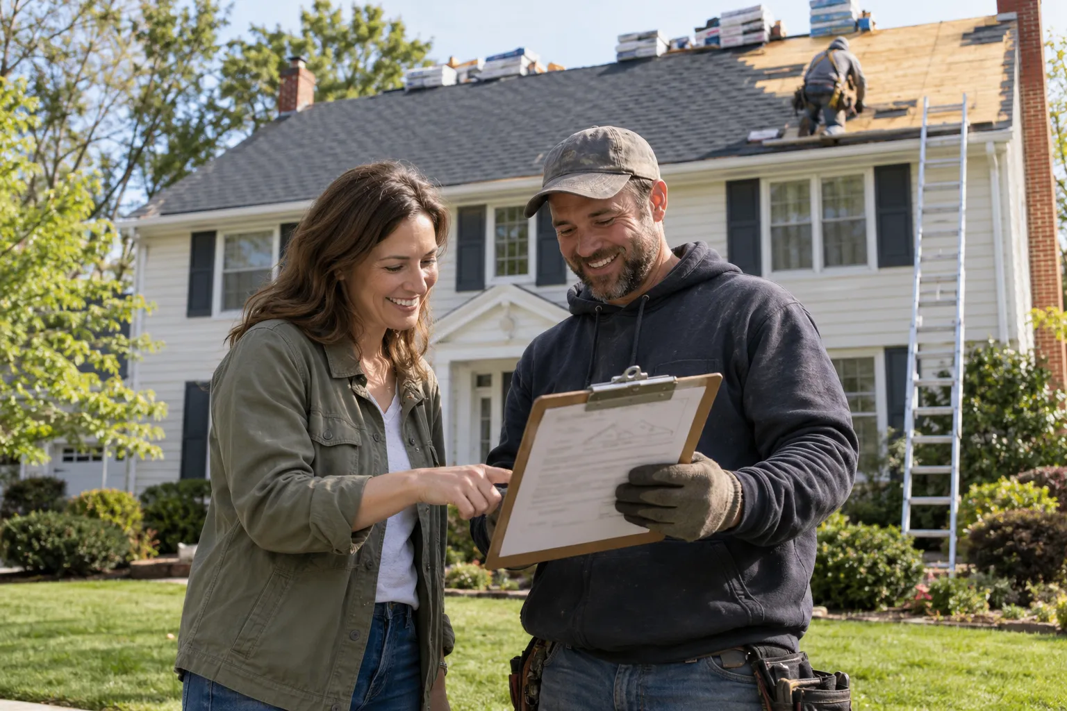 A homeowner and a roofing provider reviewing a written quote near a house in Baltimore